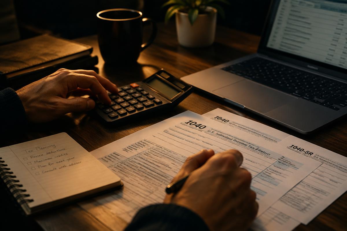 Mãos com calculadora e documentos fiscais